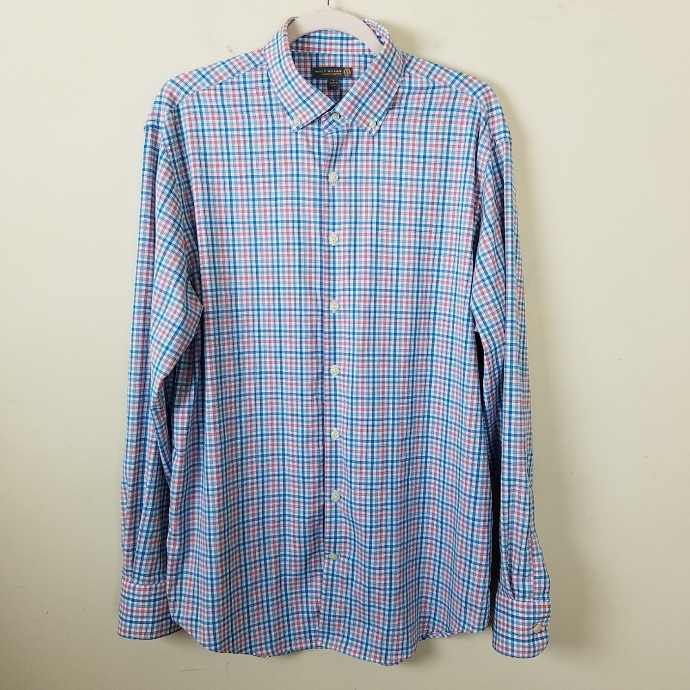 Peter Millar Blue and Red Plaid Casual Button Down Shirt
